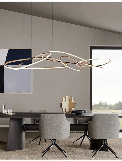 modern rose gold LED chandelier, irregular rings, for living and dining rooms, kitchen hanging lights luminaire