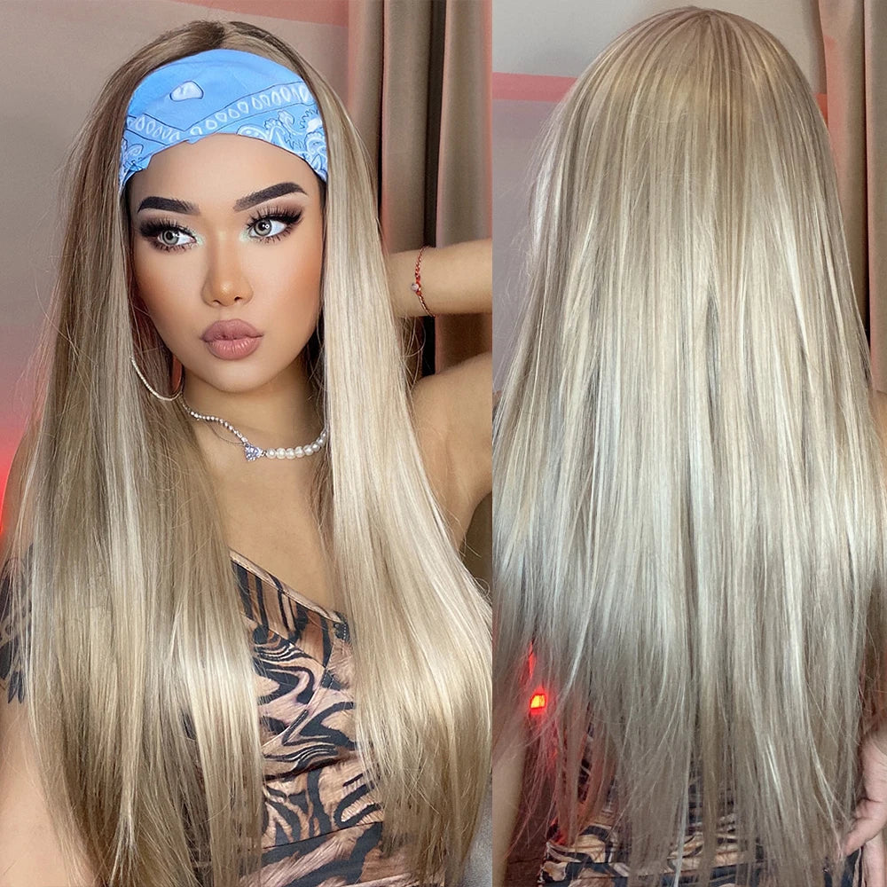 Long Straight Headband Wig Light Blonde Brown Women's  Wigs