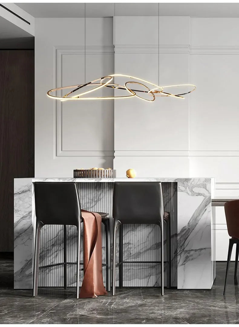 modern rose gold LED chandelier, irregular rings, for living and dining rooms, kitchen hanging lights luminaire