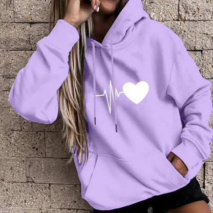 women hoodie drawstring warm pullover heart print spring hoodie