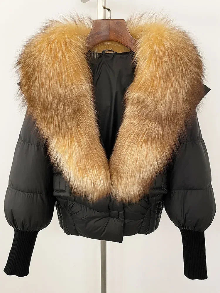 winter women's white duck down jacket with real raccoon fox fur collar loose fit coat