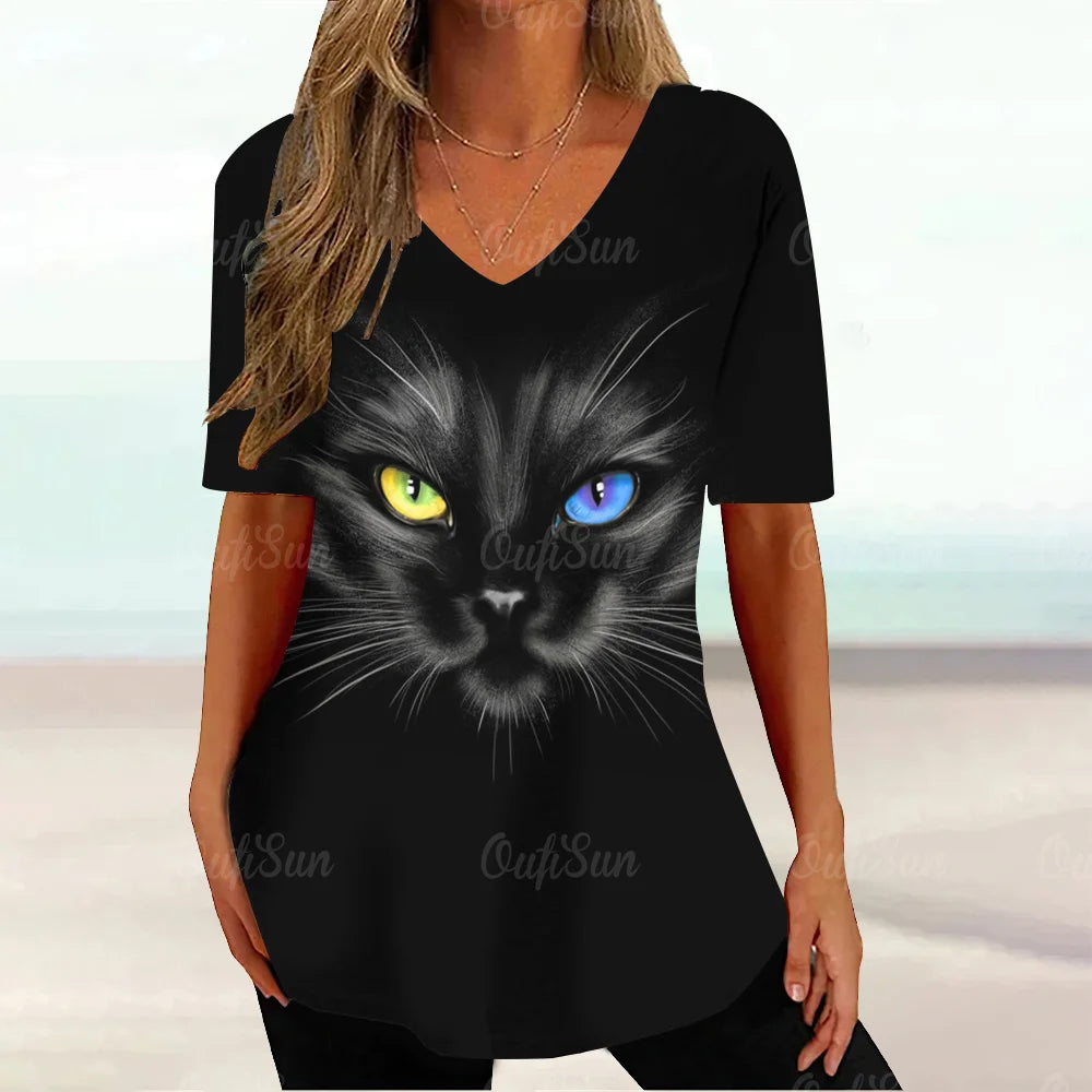 Cat Graphic T Shirt For Women Painting Print Loose Clothing