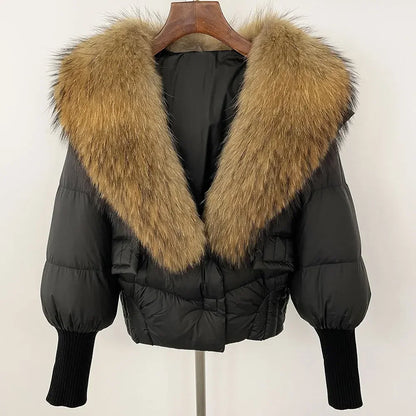 winter women's white duck down jacket with real raccoon fox fur collar loose fit coat