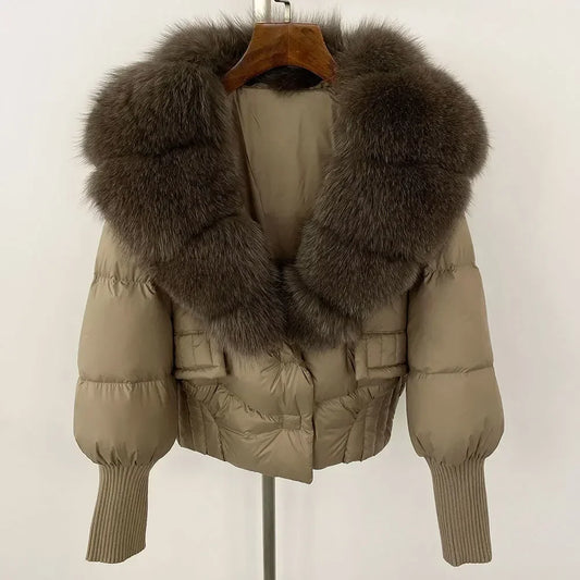 winter women's white duck down jacket with real raccoon fox fur collar loose fit coat