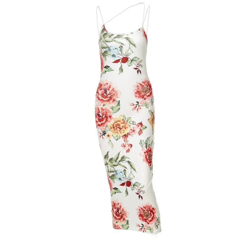 Vintage Floral Print Slim Bodycon Maxi Dress - Sleeveless Strap Elegant Club Party  for Women