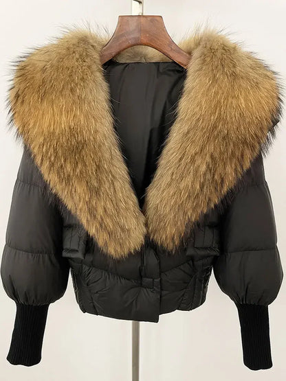 winter women's white duck down jacket with real raccoon fox fur collar loose fit coat