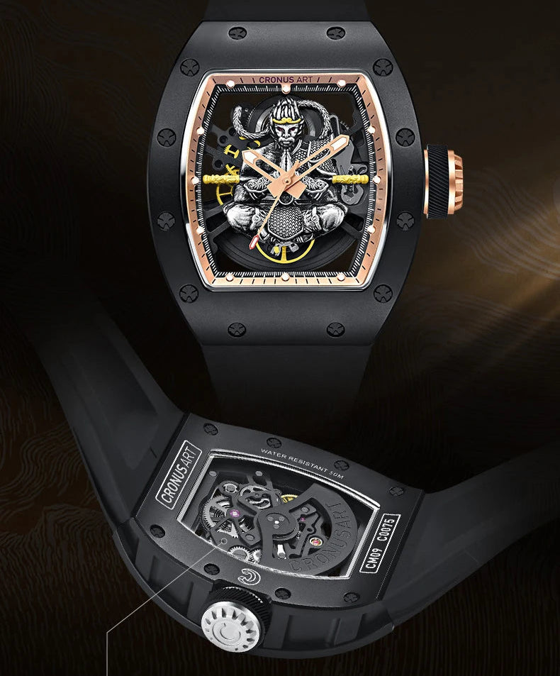 Luxury watch with black case and transparent face on a dark background