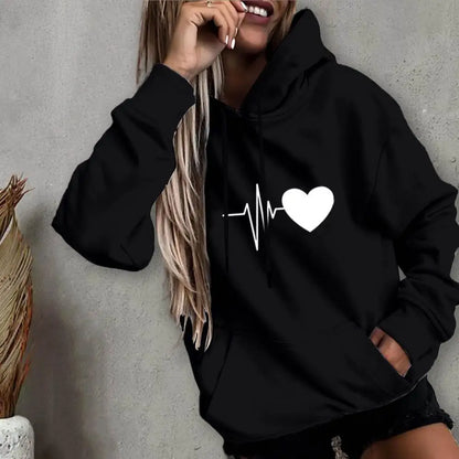 women hoodie drawstring warm pullover heart print spring hoodie