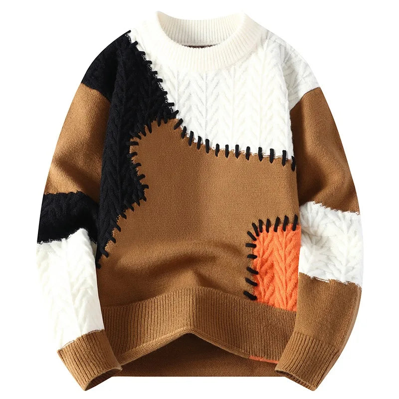 winter fashion patchwork sweater, thick and warm, streetwear style, loose sweater