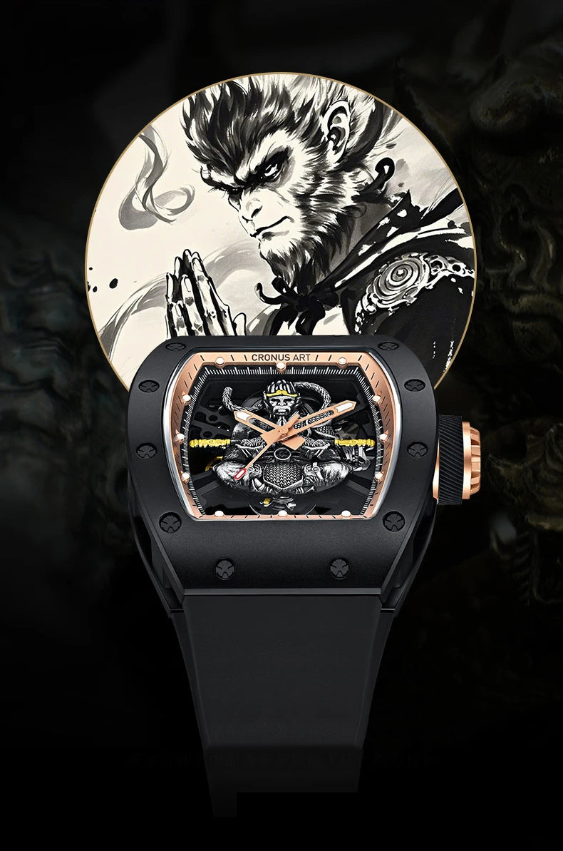 Luxury watch with a detailed face and black strap on a dark background