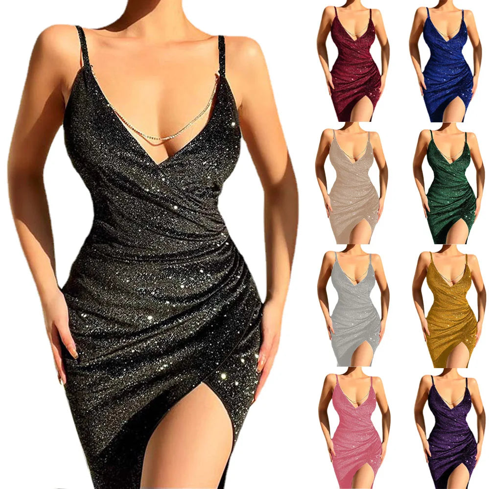 European and American  new sexy glitter pink high slit deep party dress clubbing