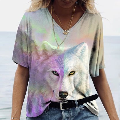 Unisex t-shirt featuring a 3D print of a wolf among many designs