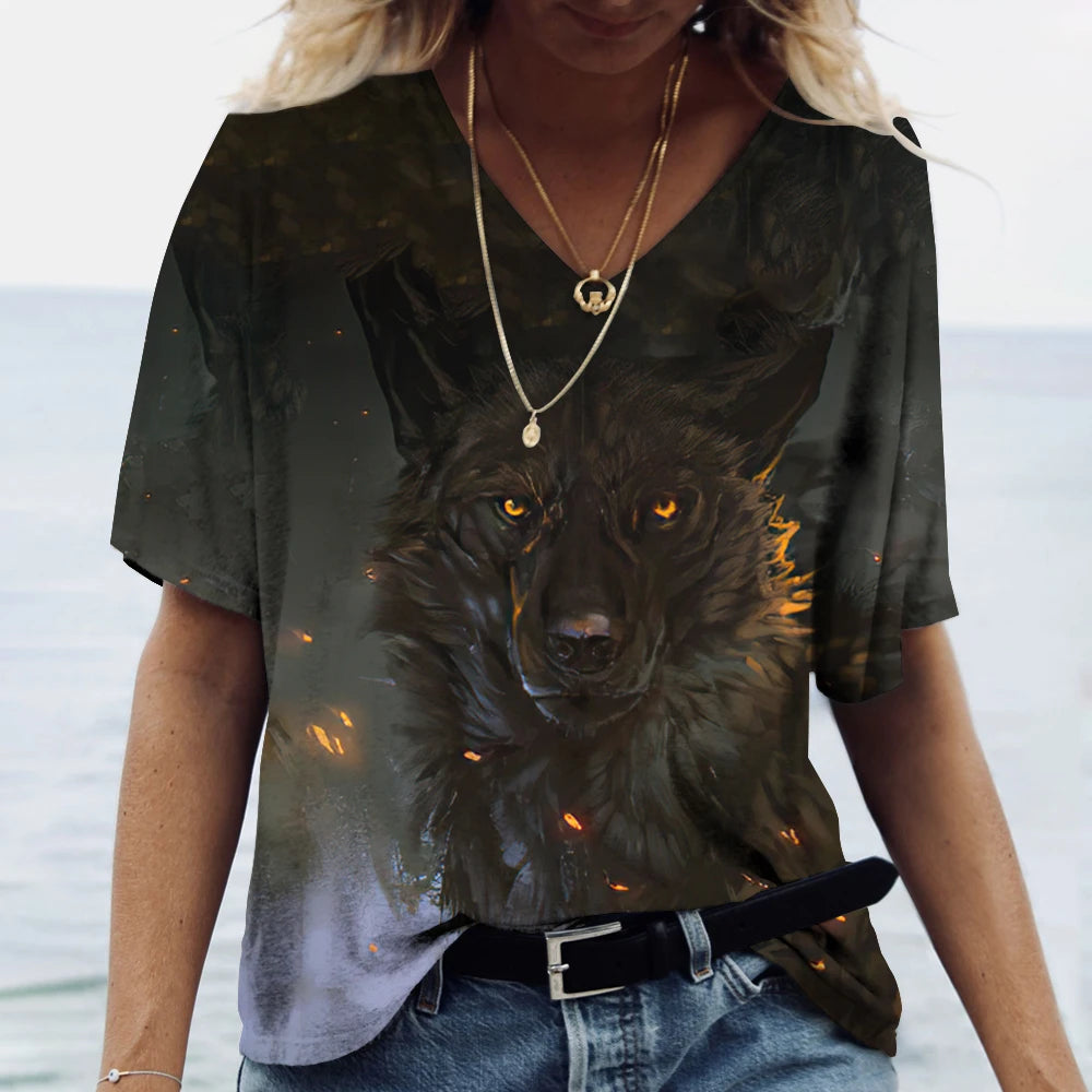 Unisex t-shirt featuring a 3D print of a wolf among many designs