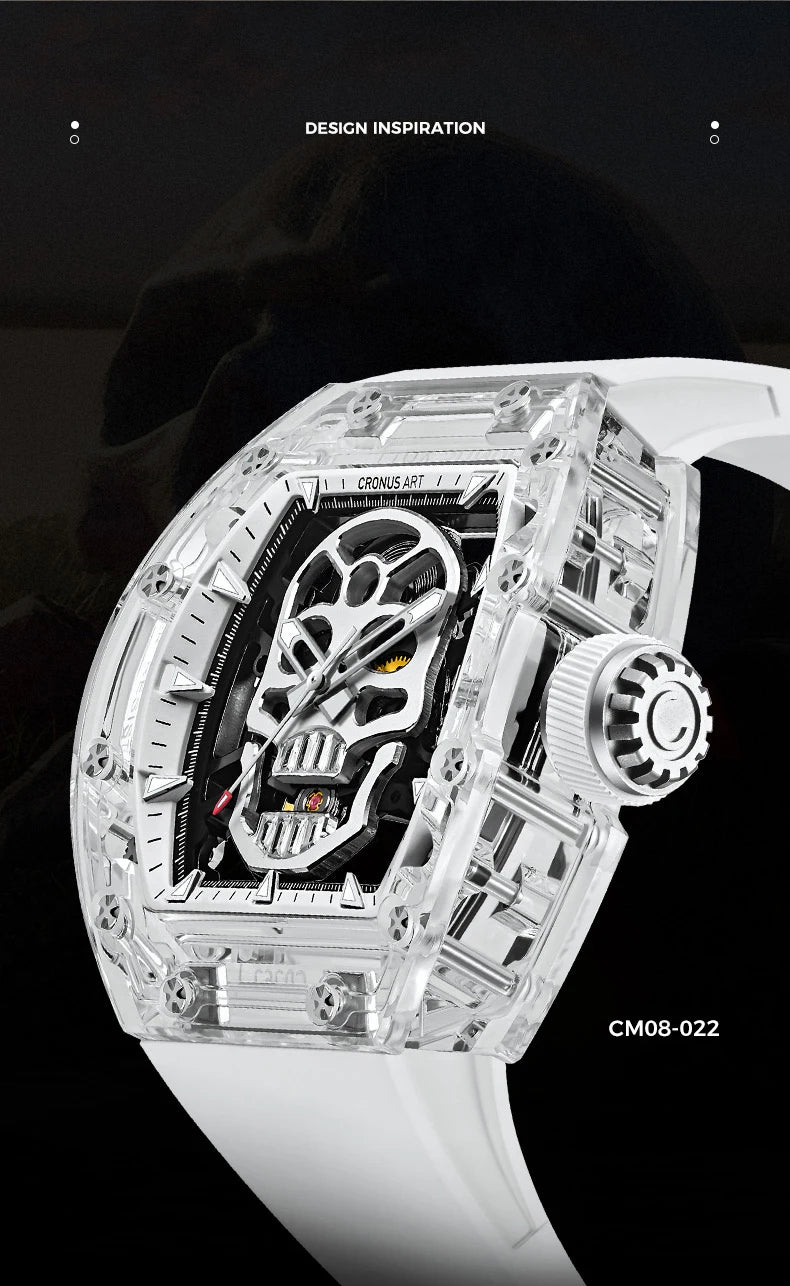 Luxury watch with transparent case and white strap on black background