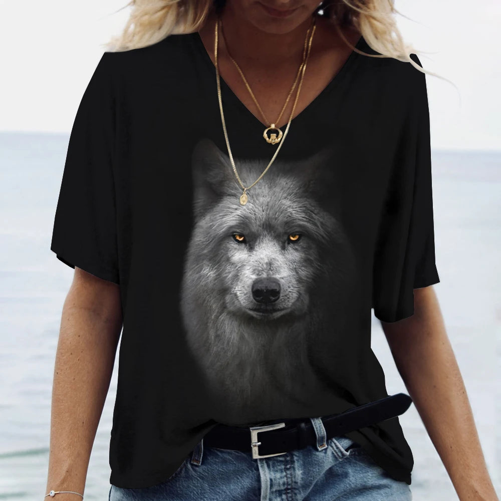 Unisex t-shirt featuring a 3D print of a wolf among many designs