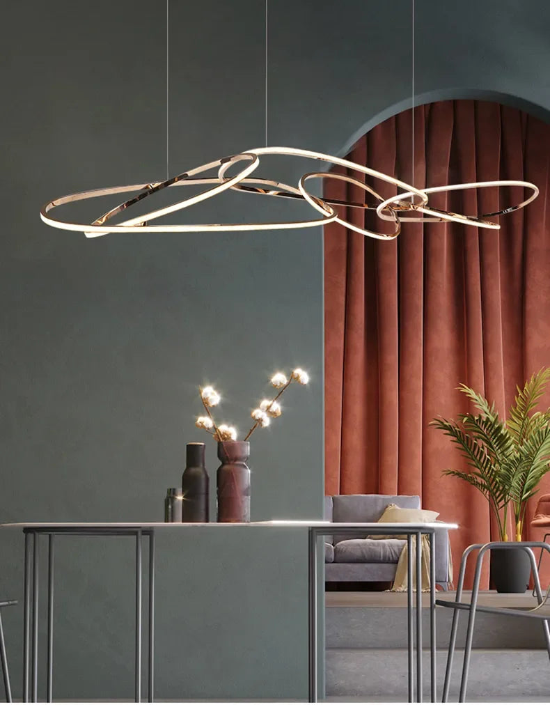 modern rose gold LED chandelier, irregular rings, for living and dining rooms, kitchen hanging lights luminaire