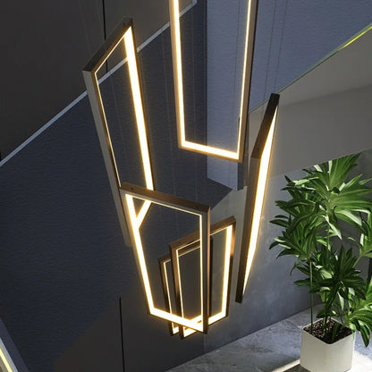 modern led pendant light, minimalist rectangular chandelier, black/gold, for staircases and living rooms