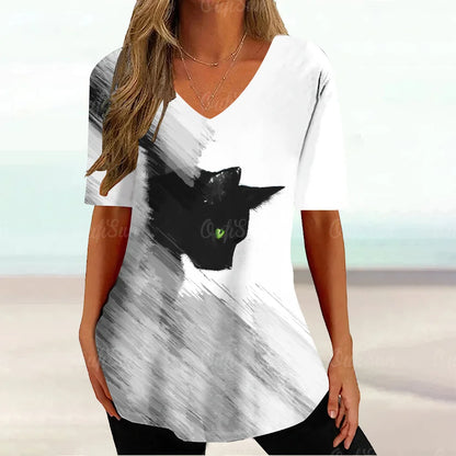 Cat Graphic T Shirt For Women Painting Print Loose Clothing