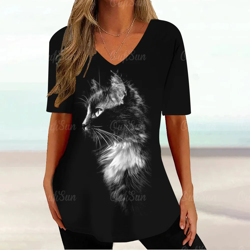 Cat Graphic T Shirt For Women Painting Print Loose Clothing