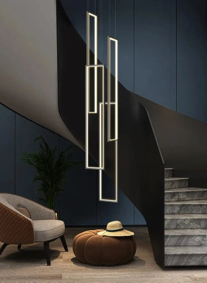 modern led pendant light, minimalist rectangular chandelier, black/gold, for staircases and living rooms