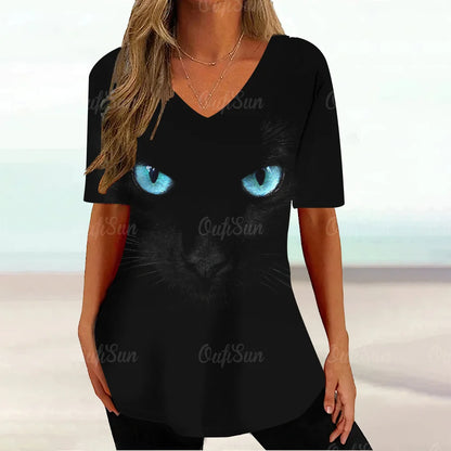 Cat Graphic T Shirt For Women Painting Print Loose Clothing