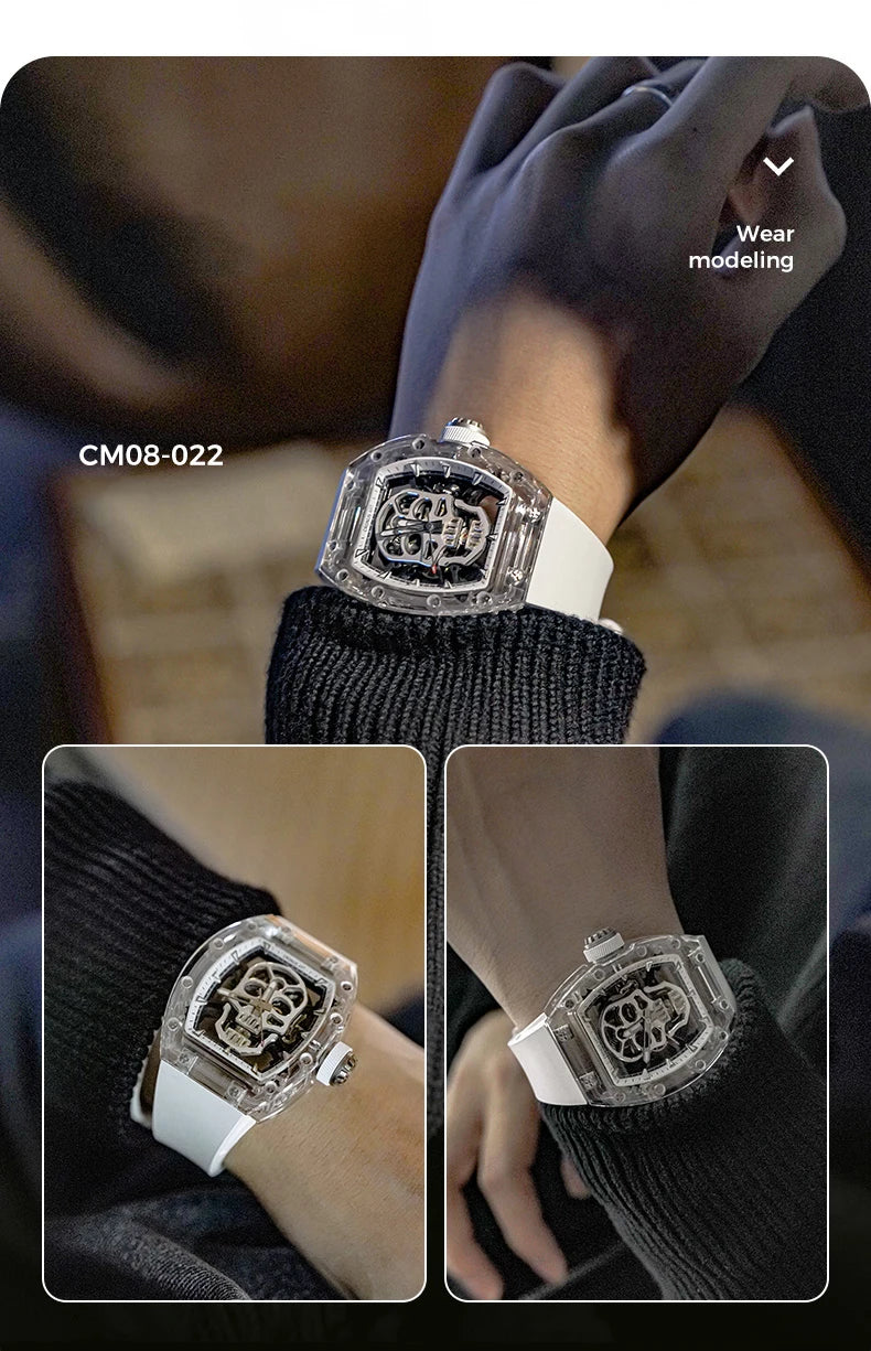 Watch on a wrist with close-up insets, worn by a person in a dark sweater.