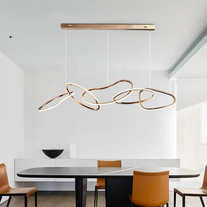 modern rose gold LED chandelier, irregular rings, for living and dining rooms, kitchen hanging lights luminaire