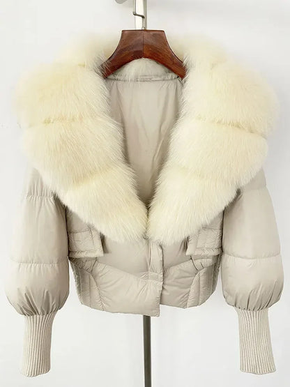 winter women's white duck down jacket with real raccoon fox fur collar loose fit coat