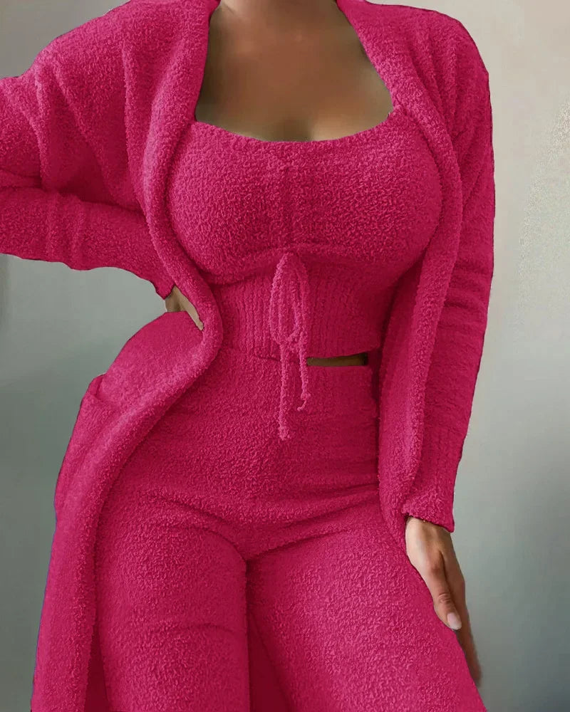 women's 3-piece pajama set  - crop top, pants & coat