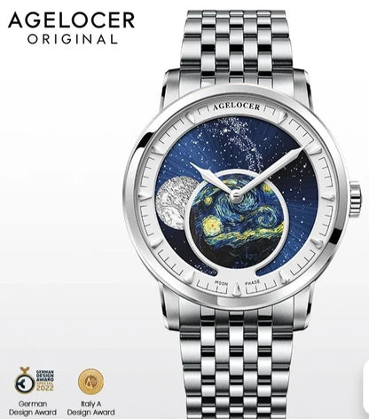 AGELOCER Original Astronomer oil painting steel strap men's luxury automatic moon phase watch