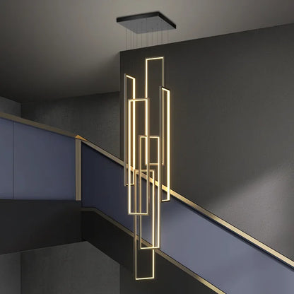 modern led pendant light, minimalist rectangular chandelier, black/gold, for staircases and living rooms