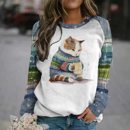 Cotton Long Sleeve T-Shirts For Women Funny  Cat Animals Print Sweatshirts F