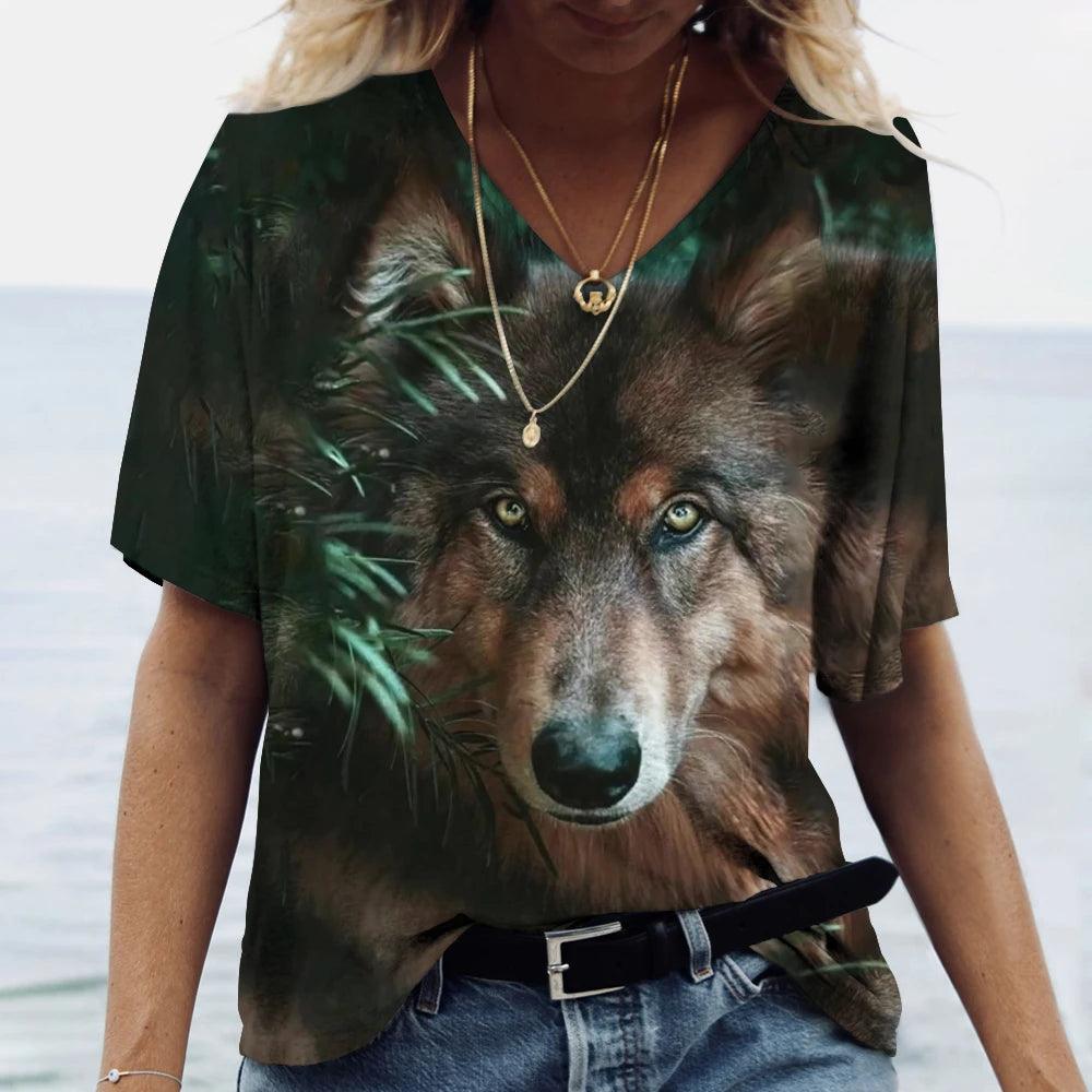 T-shirt featuring a 3D print of a wolf among many designs - ARI