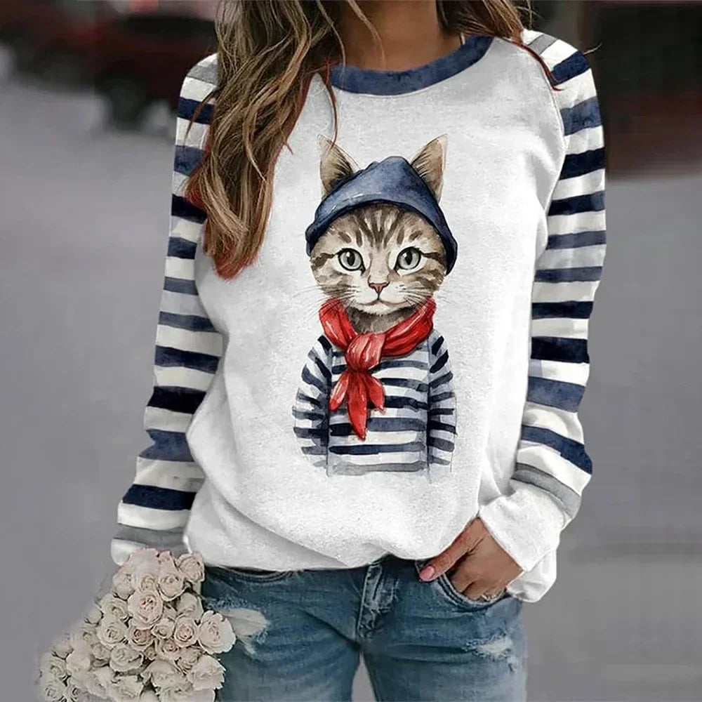 Cotton Long Sleeve T-Shirts For Women Funny  Cat Animals Print Sweatshirts F