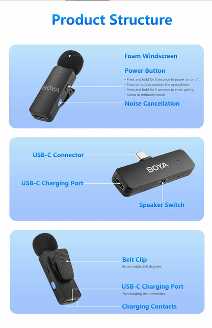 BOYA  -V4U Wireless  Microphone for iPhone Android Phone PC YouTube Video Recording Vlog Live Streaming Interview