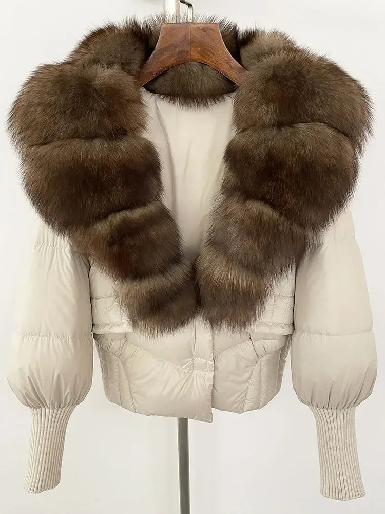 winter women's white duck down jacket with real raccoon fox fur collar loose fit coat