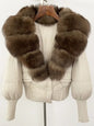 winter women's white duck down jacket with real raccoon fox fur collar loose fit coat