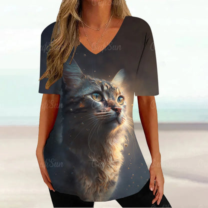 Cat Graphic T Shirt For Women Painting Print Loose Clothing