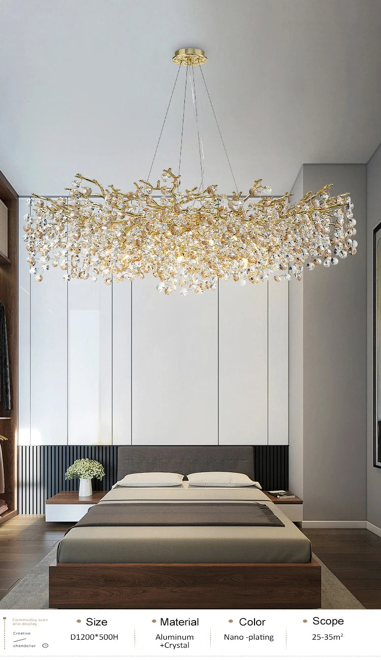 gold lustre sun crystal ceiling chandelier - led nordic home decoration