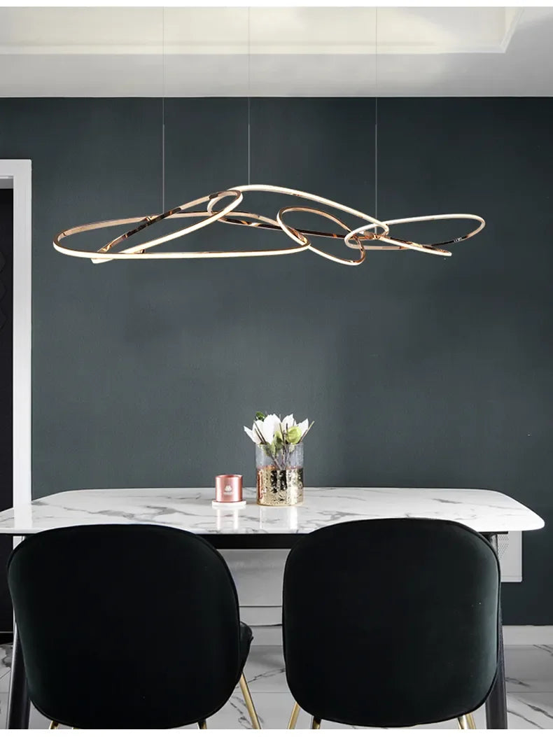 modern rose gold LED chandelier, irregular rings, for living and dining rooms, kitchen hanging lights luminaire