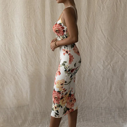 Vintage Floral Print Slim Bodycon Maxi Dress - Sleeveless Strap Elegant Club Party  for Women