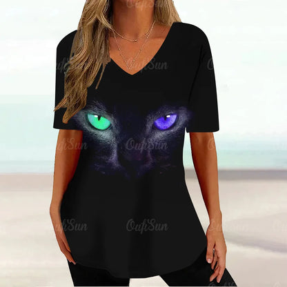 Cat Graphic T Shirt For Women Painting Print Loose Clothing