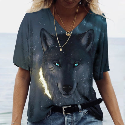 Unisex t-shirt featuring a 3D print of a wolf among many designs