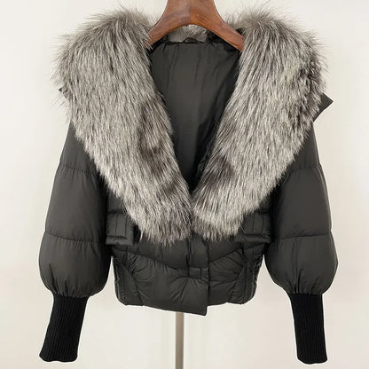 winter women's white duck down jacket with real raccoon fox fur collar loose fit coat