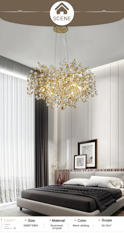 gold lustre sun crystal ceiling chandelier - led nordic home decoration