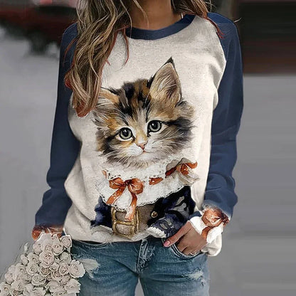 Cotton Long Sleeve T-Shirts For Women Funny  Cat Animals Print Sweatshirts F