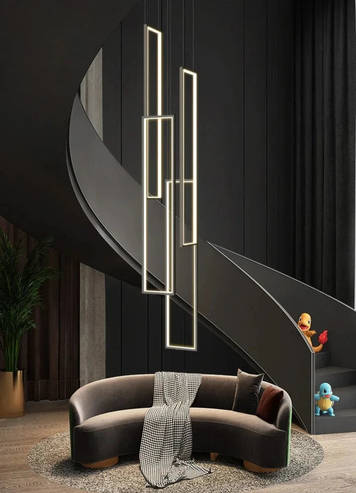 modern led pendant light, minimalist rectangular chandelier, black/gold, for staircases and living rooms