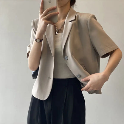 suit top women thin jacket outerwears casual short sleeve blazers solid cotton coats