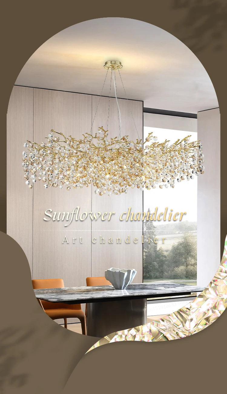 gold lustre sun crystal ceiling chandelier - led nordic home decoration