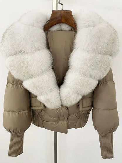 winter women's white duck down jacket with real raccoon fox fur collar loose fit coat